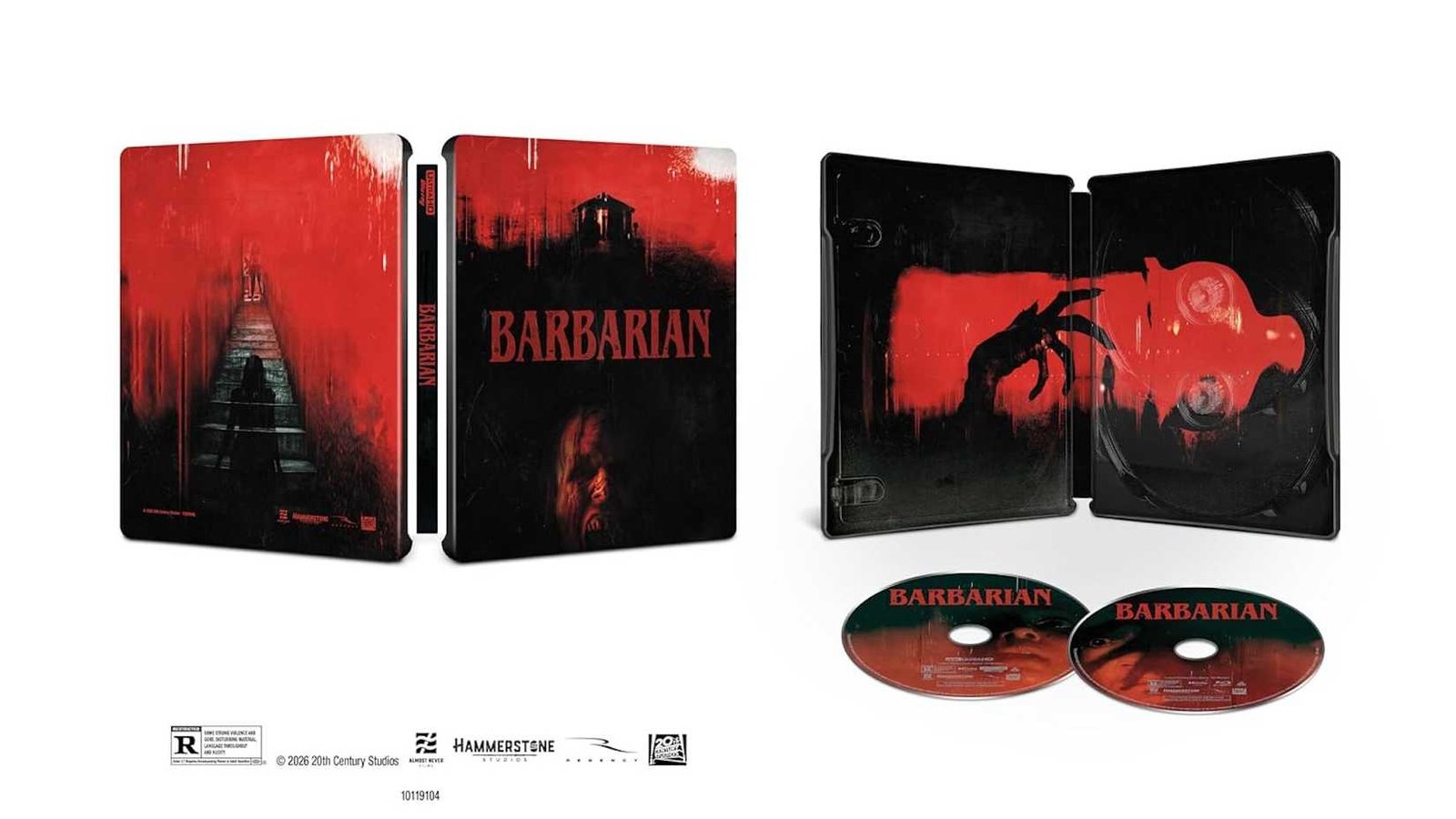 The Barbarian 4K Ultra HD steelbook case and discs featuring red horror artwork