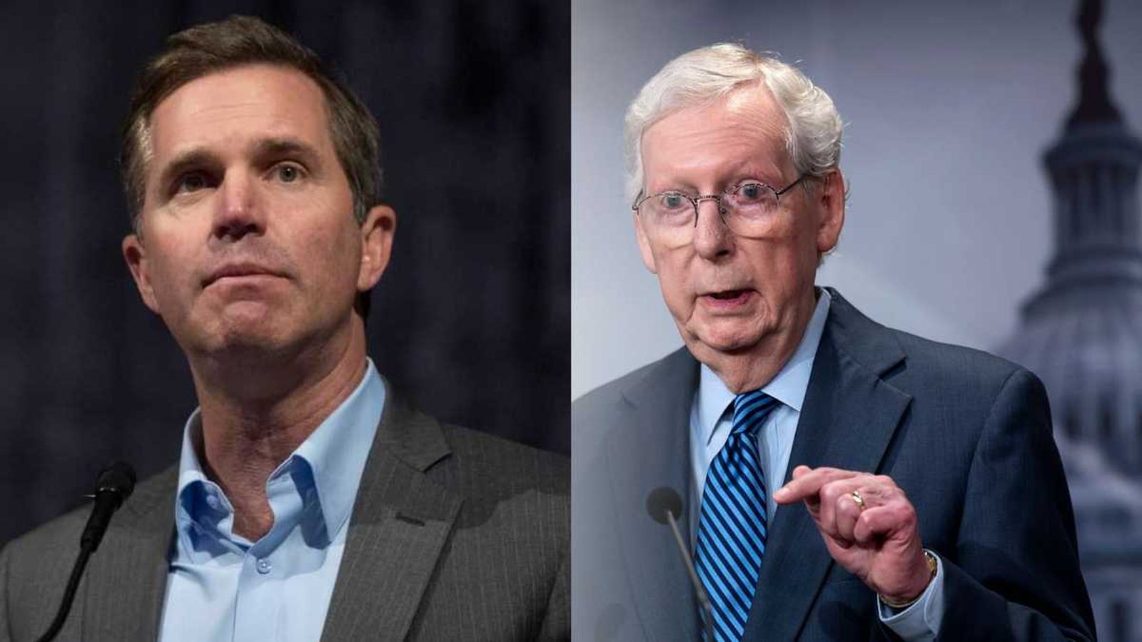 Side by side portraits of Kentucky Governor Andy Beshear and Senator Mitch McConnell