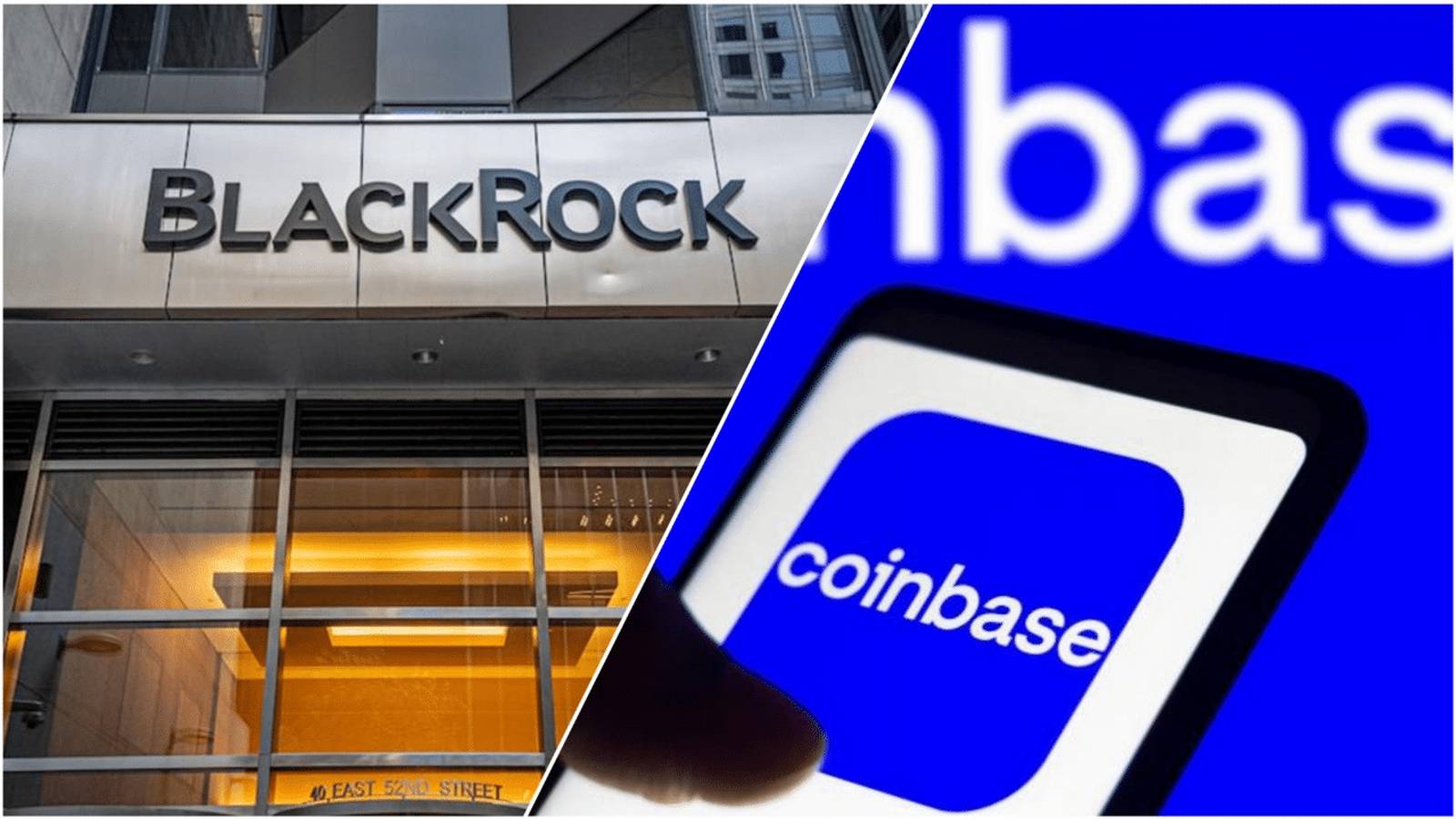 The BlackRock office building exterior alongside a smartphone displaying the Coinbase mobile applica