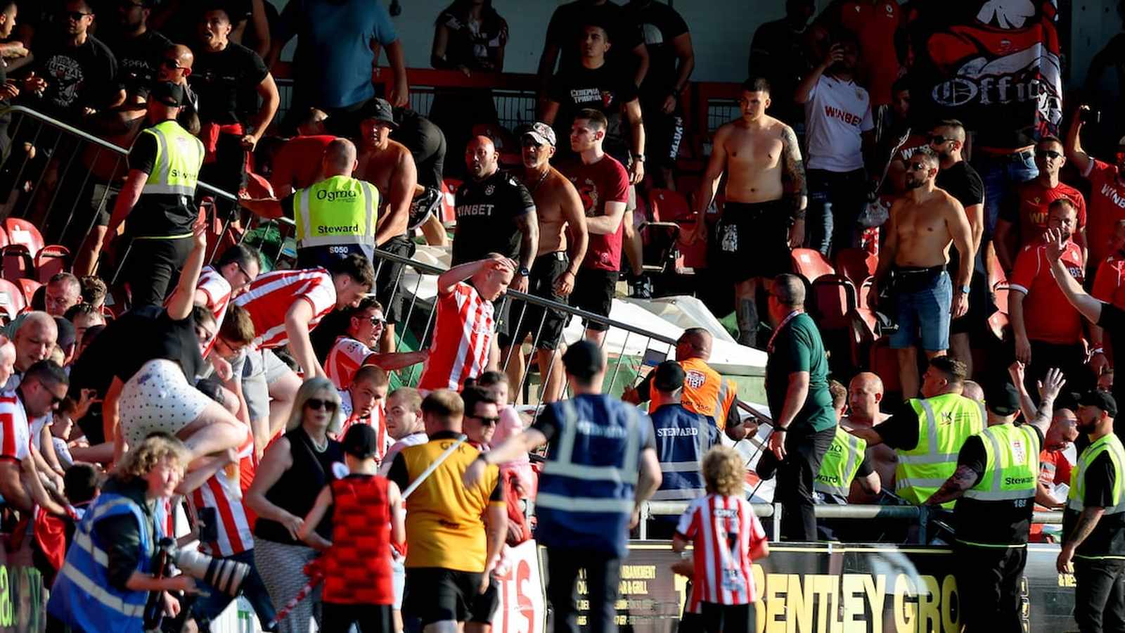 Derry City and CSKA Sofia fans clashing in the stands at Brandywell Stadium
