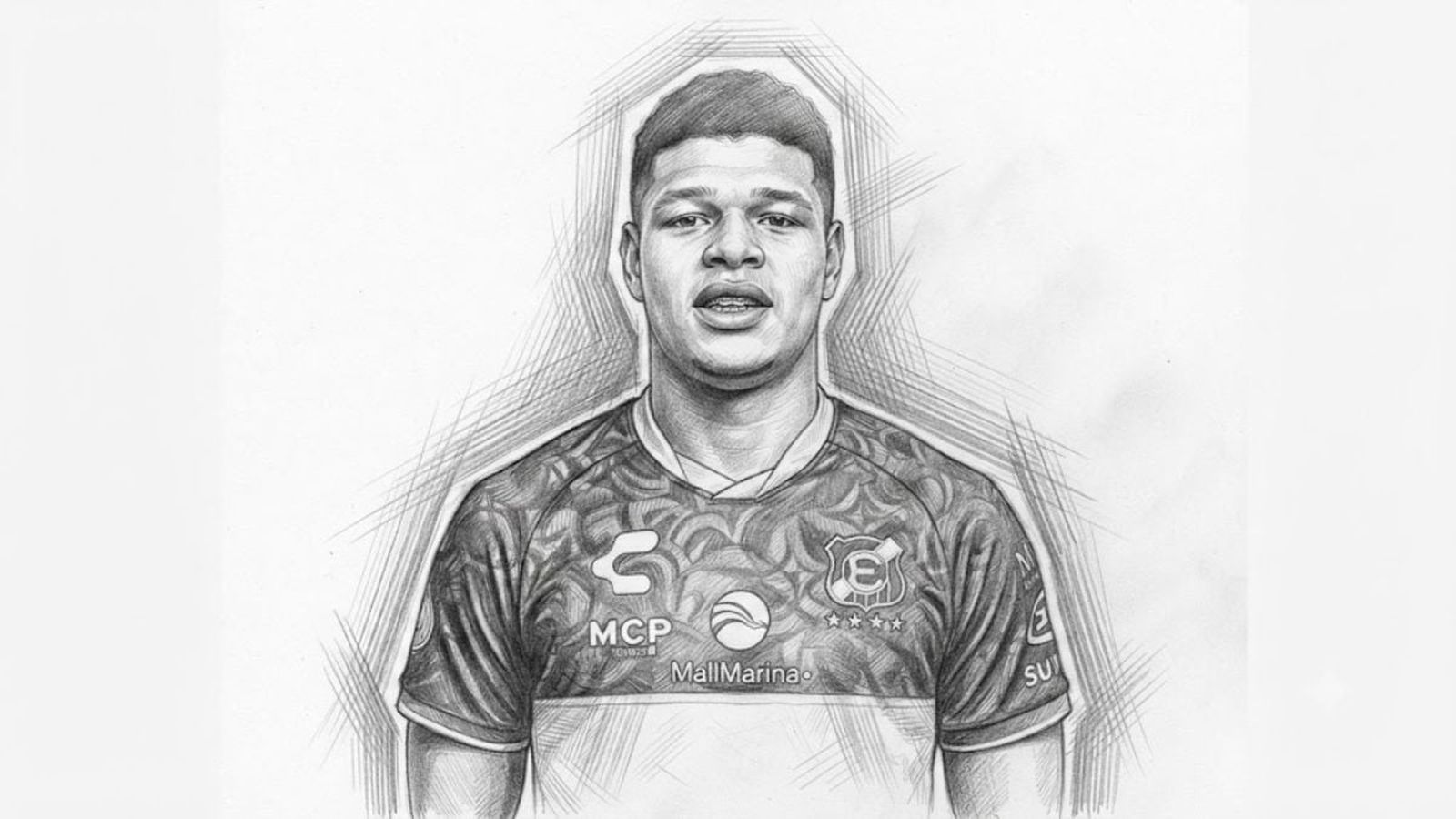 A pencil sketch portrait of Uruguayan footballer Bruno Betancor wearing his team jersey