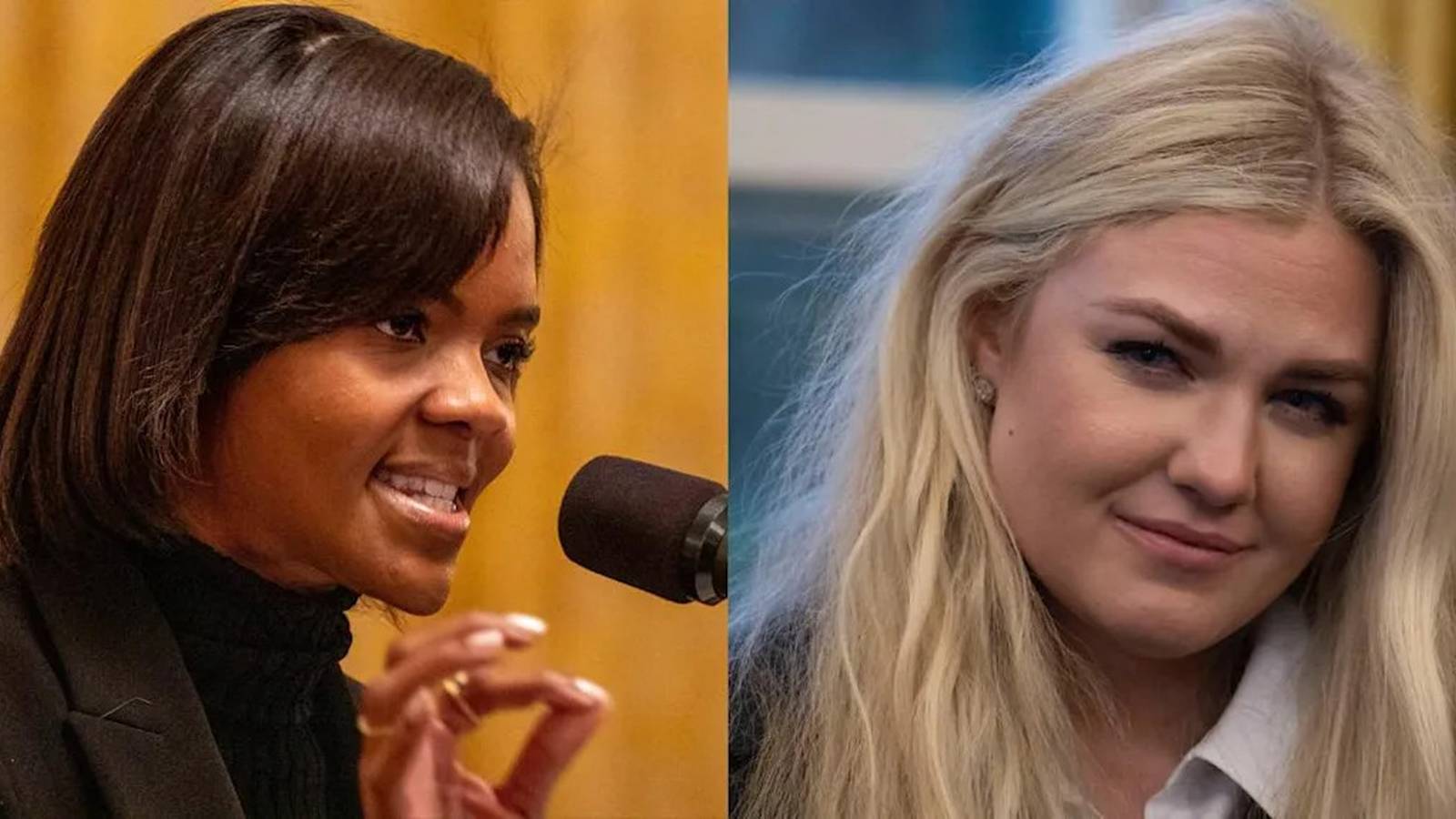 Side by side portrait of Candace Owens speaking and Erika Kirk looking forward