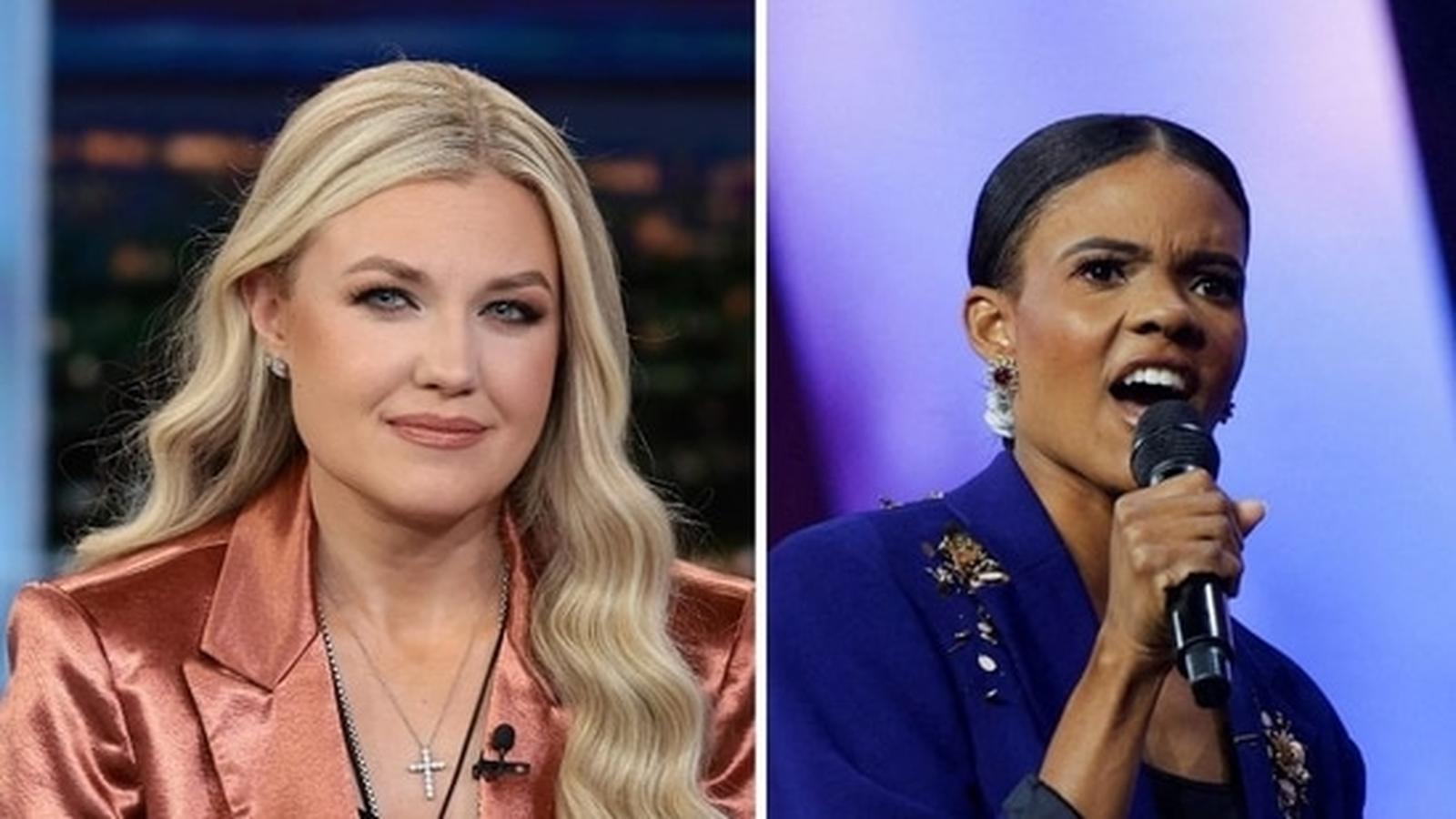 Candace Owens speaking into a microphone alongside a blonde woman in a blazer