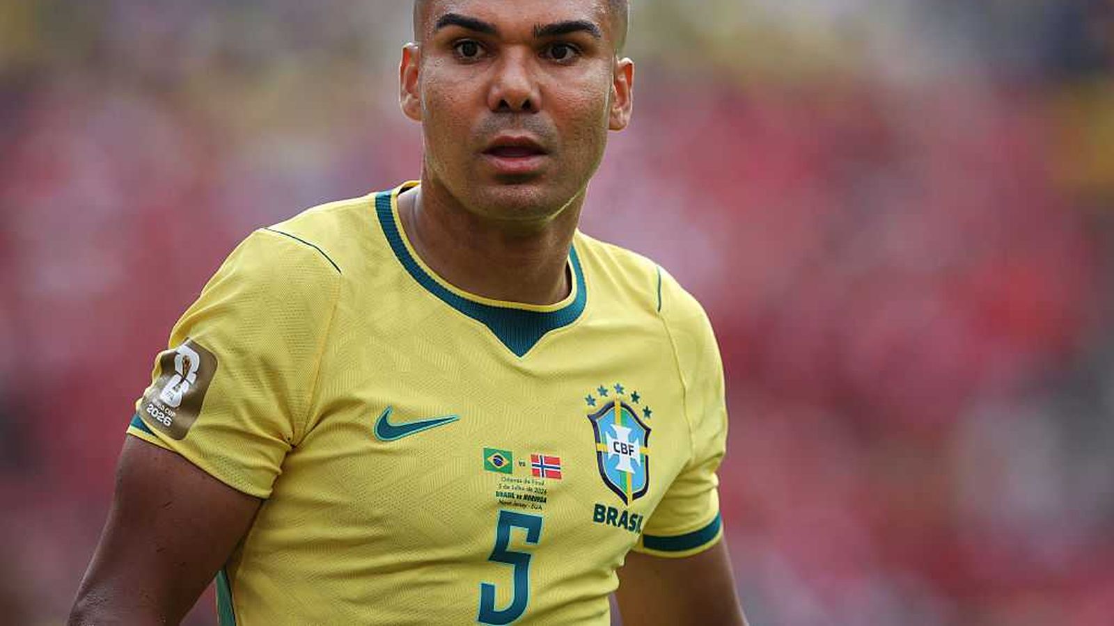 Brazilian professional footballer Casemiro wearing the yellow Brazil national team jersey during a m