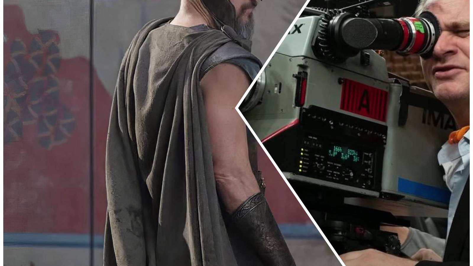 Christopher Nolan looking through an IMAX camera while filming an actor in ancient armor