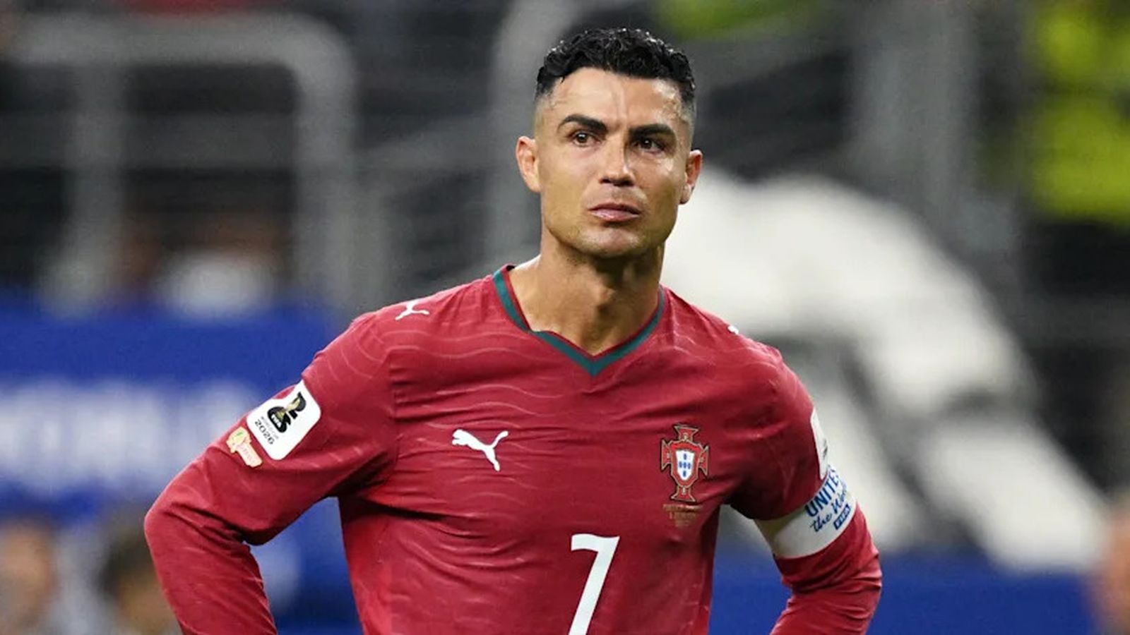 Cristiano Ronaldo looking emotional in his Portugal jersey during the 2026 World Cup match