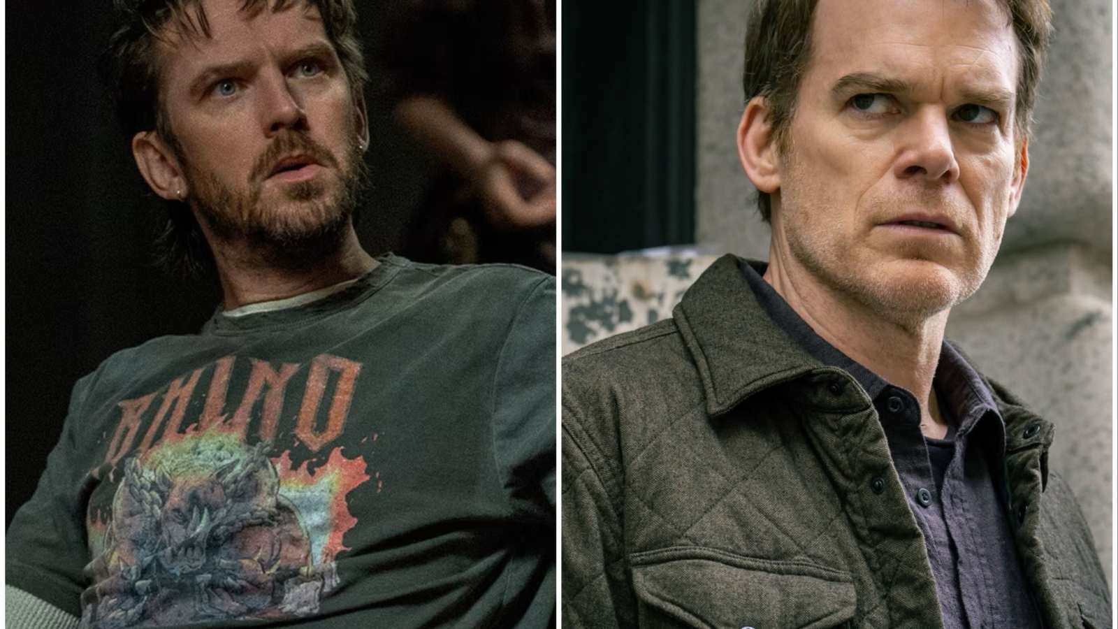 Split image showing Michael C. Hall as Dexter and Dan Stevens in character