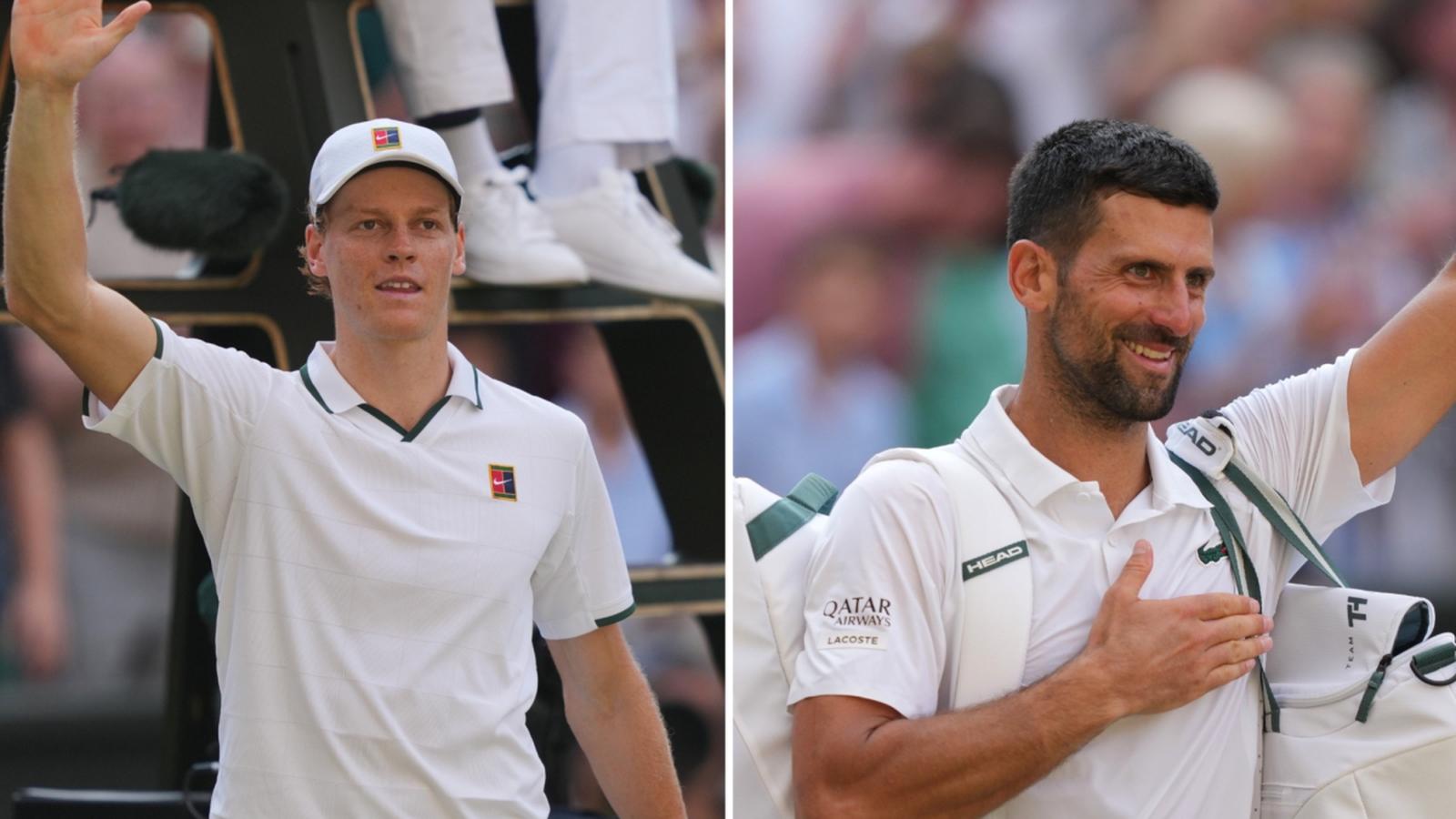 Jannik Sinner and Novak Djokovic waving to the crowd after their Wimbledon match