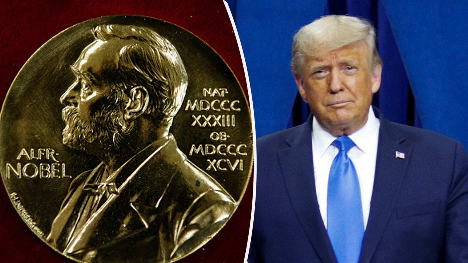A split image showing a Nobel Peace Prize medal and Donald Trump looking forward