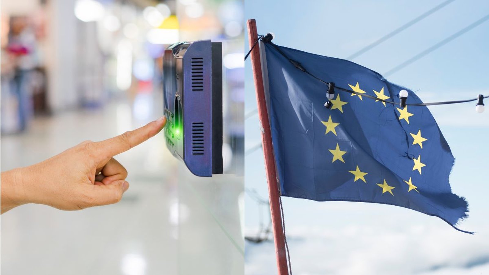 A finger touching a biometric scanner next to a European Union flag