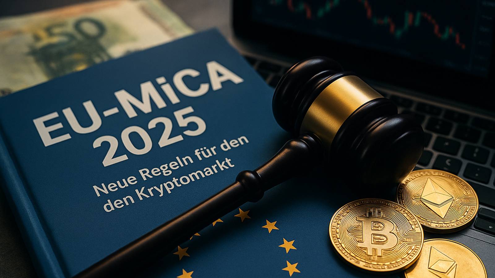 A wooden gavel resting on a book titled EU-MiCA 2025 with crypto coins