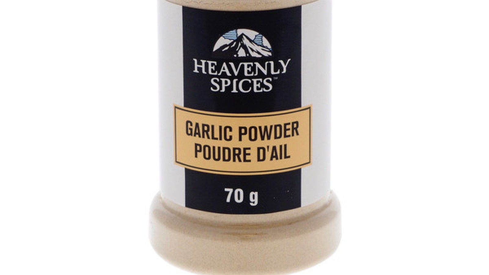 A plastic bottle of Heavenly Spices garlic powder on a white background
