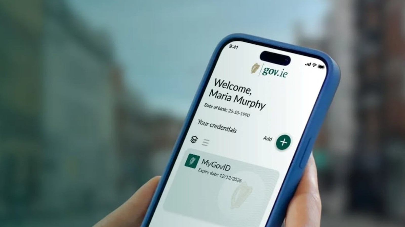 A smartphone screen displaying the Irish government digital wallet app with MyGovID credentials visi