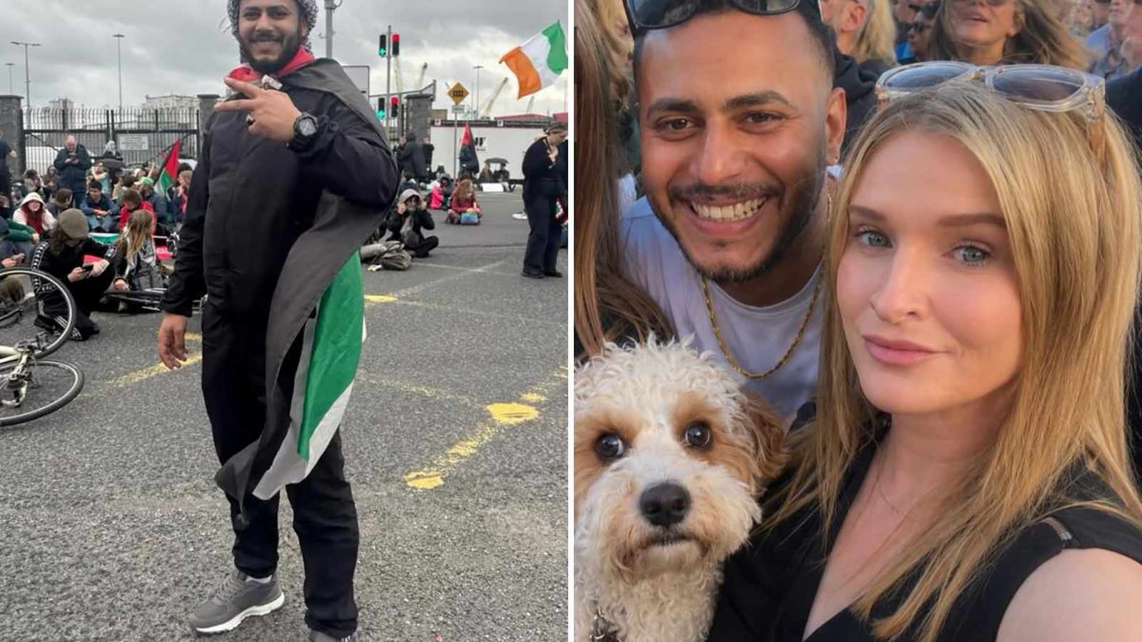 A split image showing a man at a protest and a selfie of the man with Jamey Carney and a dog