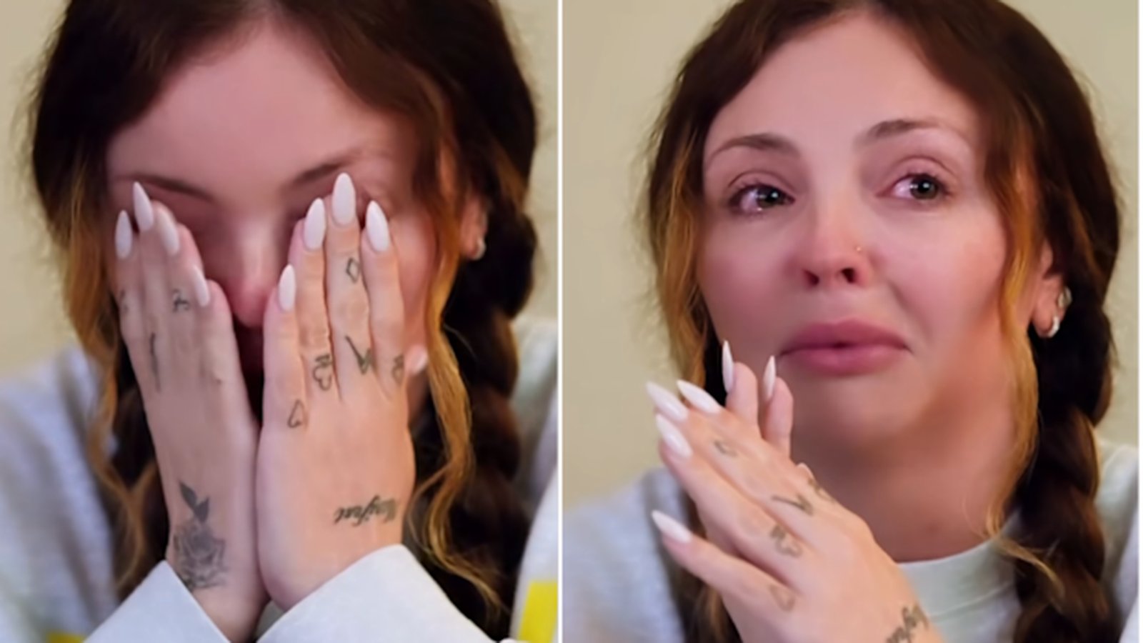 Jesy Nelson with braided hair crying during an emotional documentary interview segment