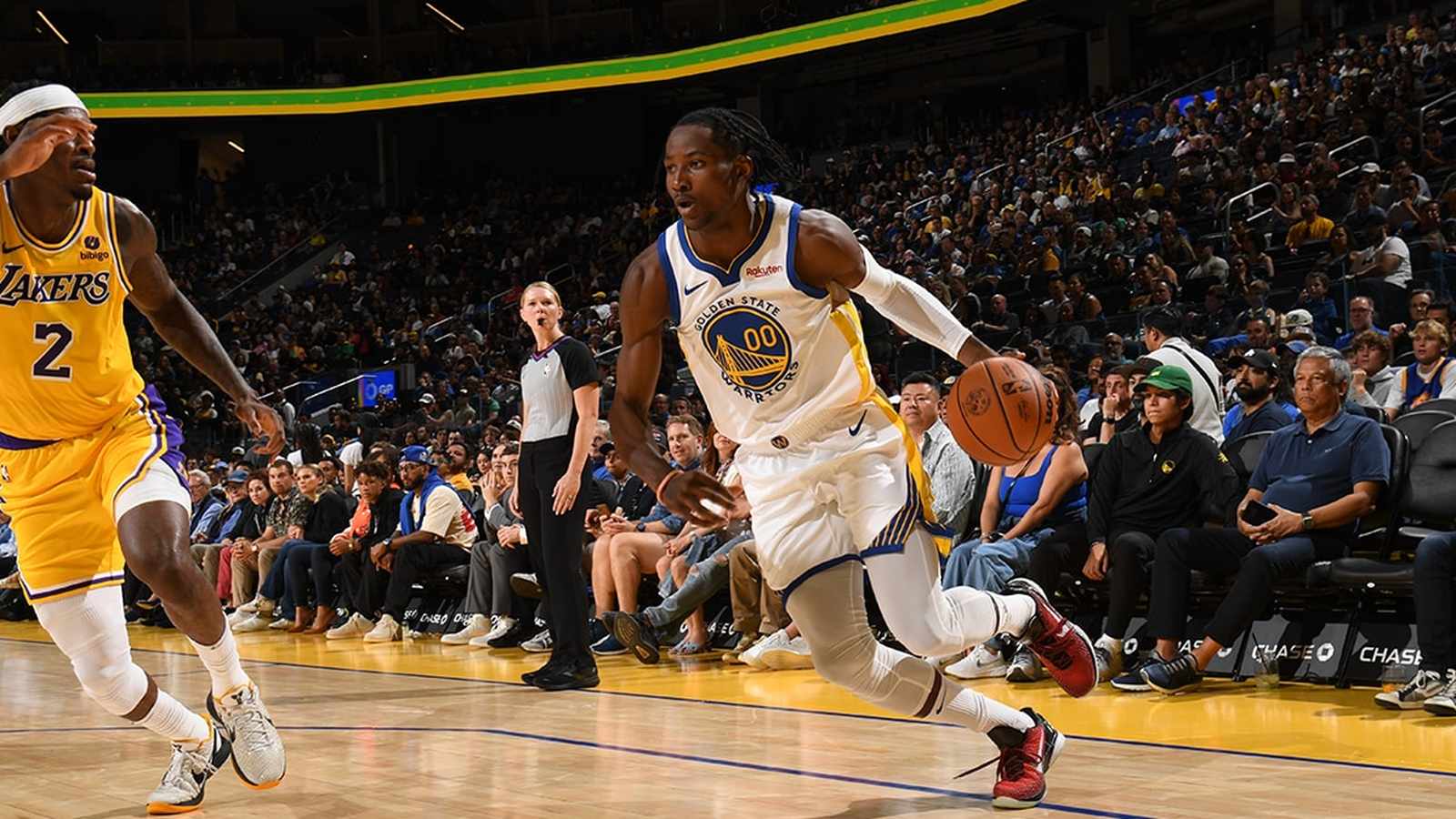 Jonathan Kuminga of the Golden State Warriors dribbling a basketball during a game