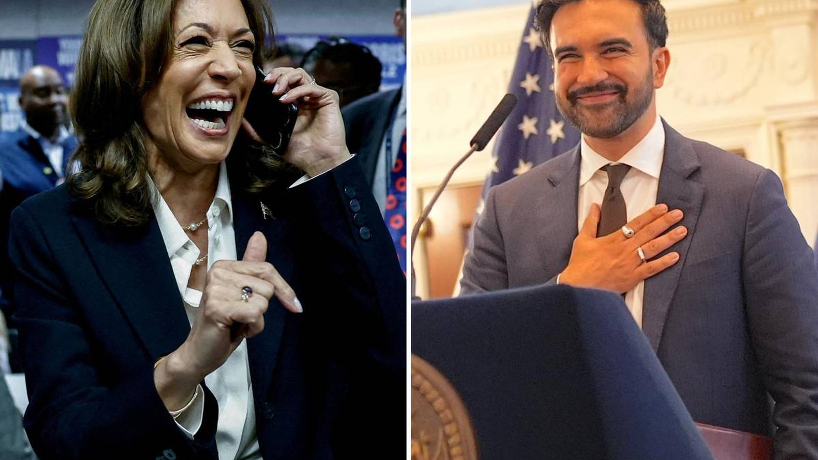 Kamala Harris laughing on a phone call next to Zohran Mamdani at a podium
