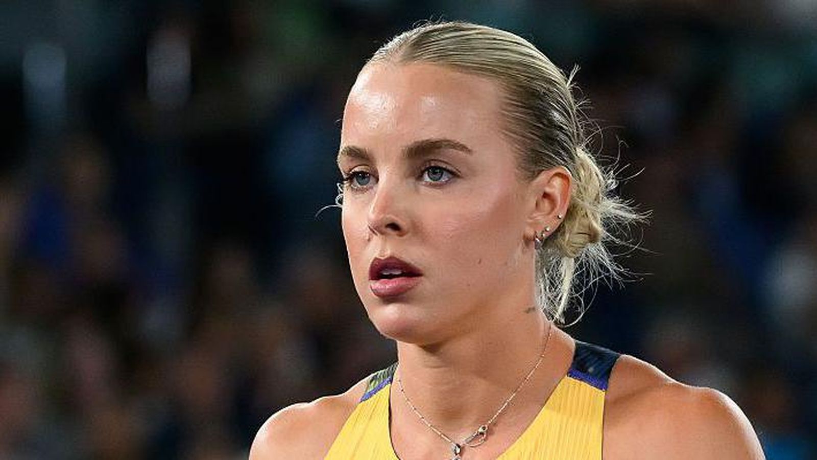 Close up portrait of Olympic runner Keely Hodgkinson looking focused during a competition