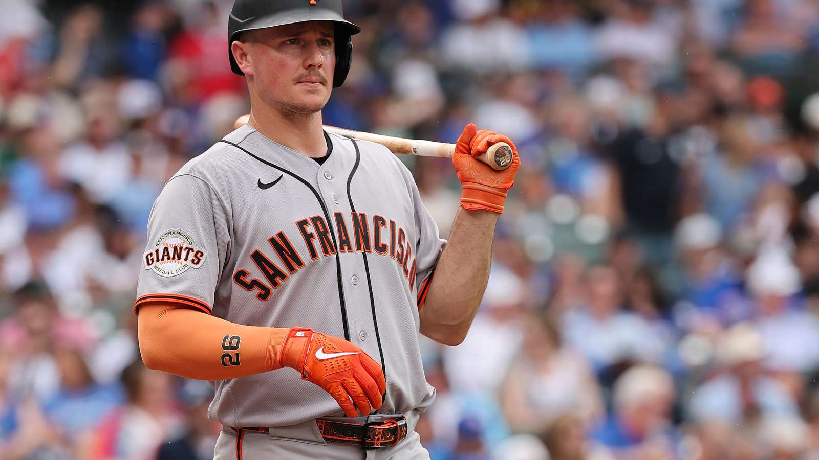 San Francisco Giants infielder Matt Chapman standing at the plate holding a baseball bat