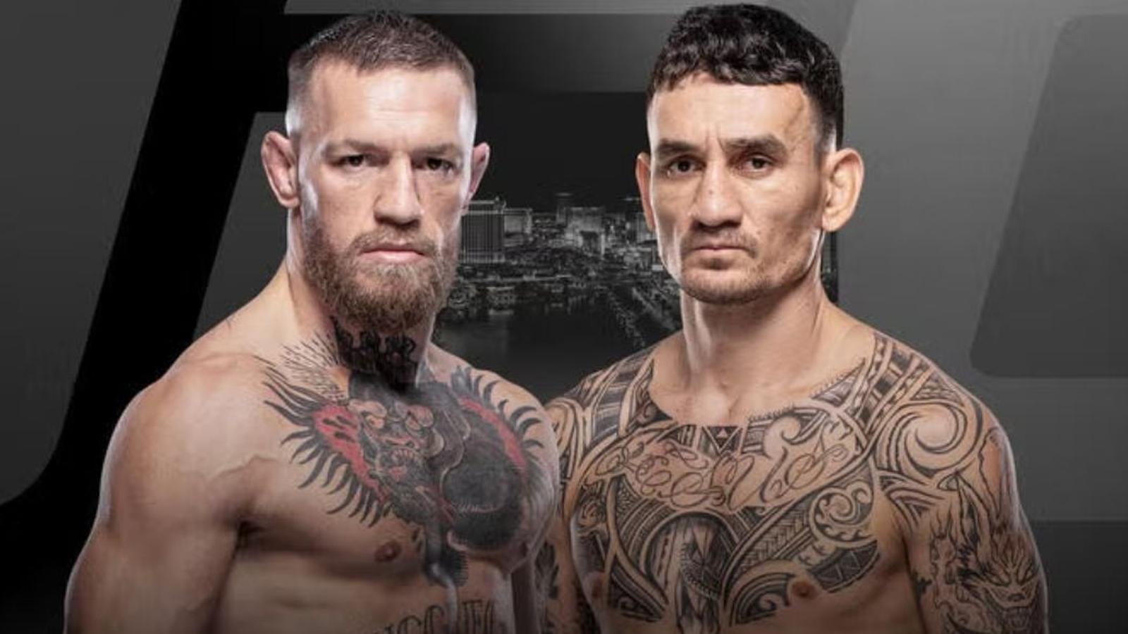 Conor McGregor and Max Holloway posing for a UFC fight promotional graphic