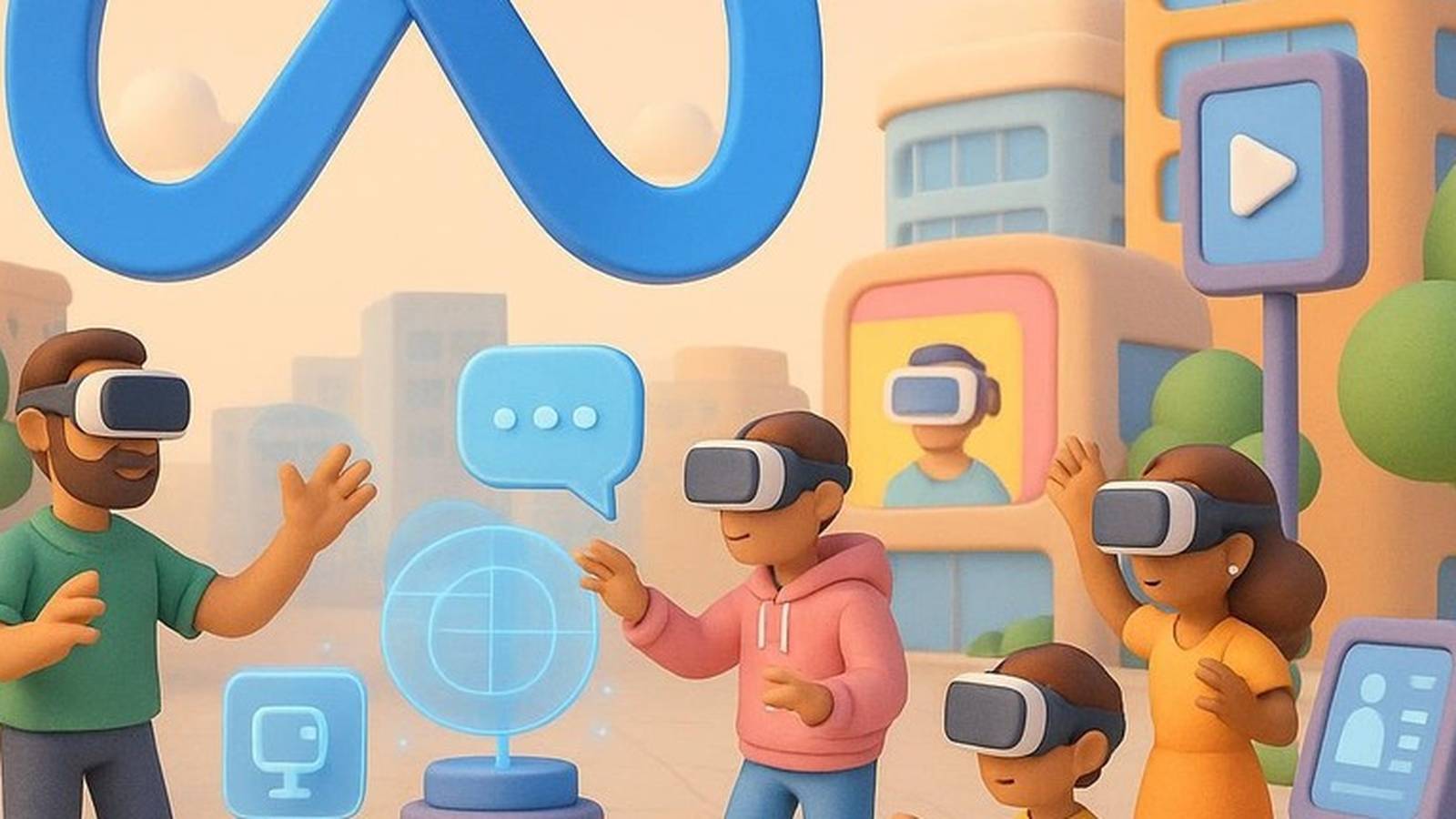 Stylized 3D characters wearing VR headsets interacting with digital AI and metaverse interfaces