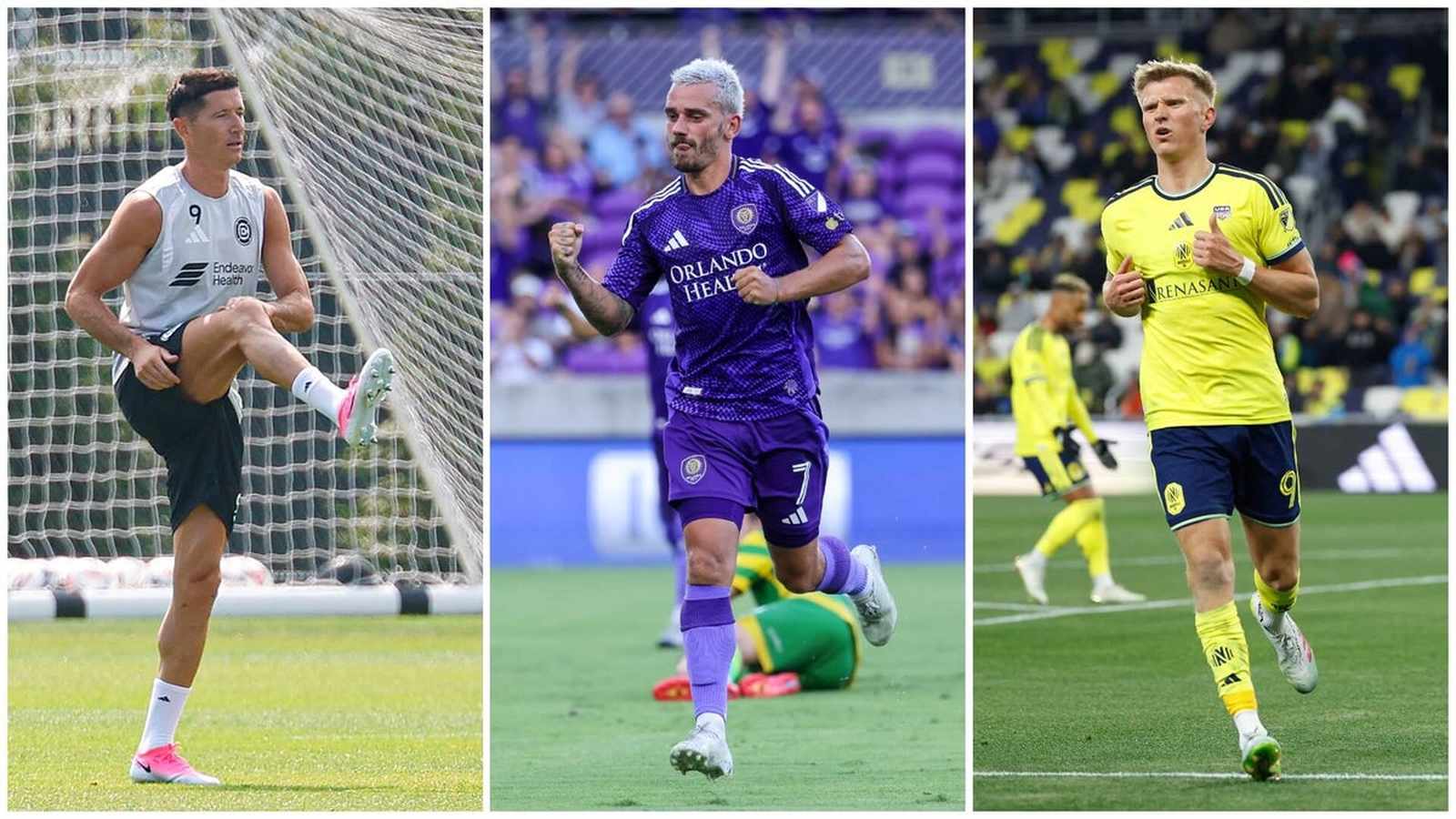 Three professional soccer players in different team kits training and playing on field
