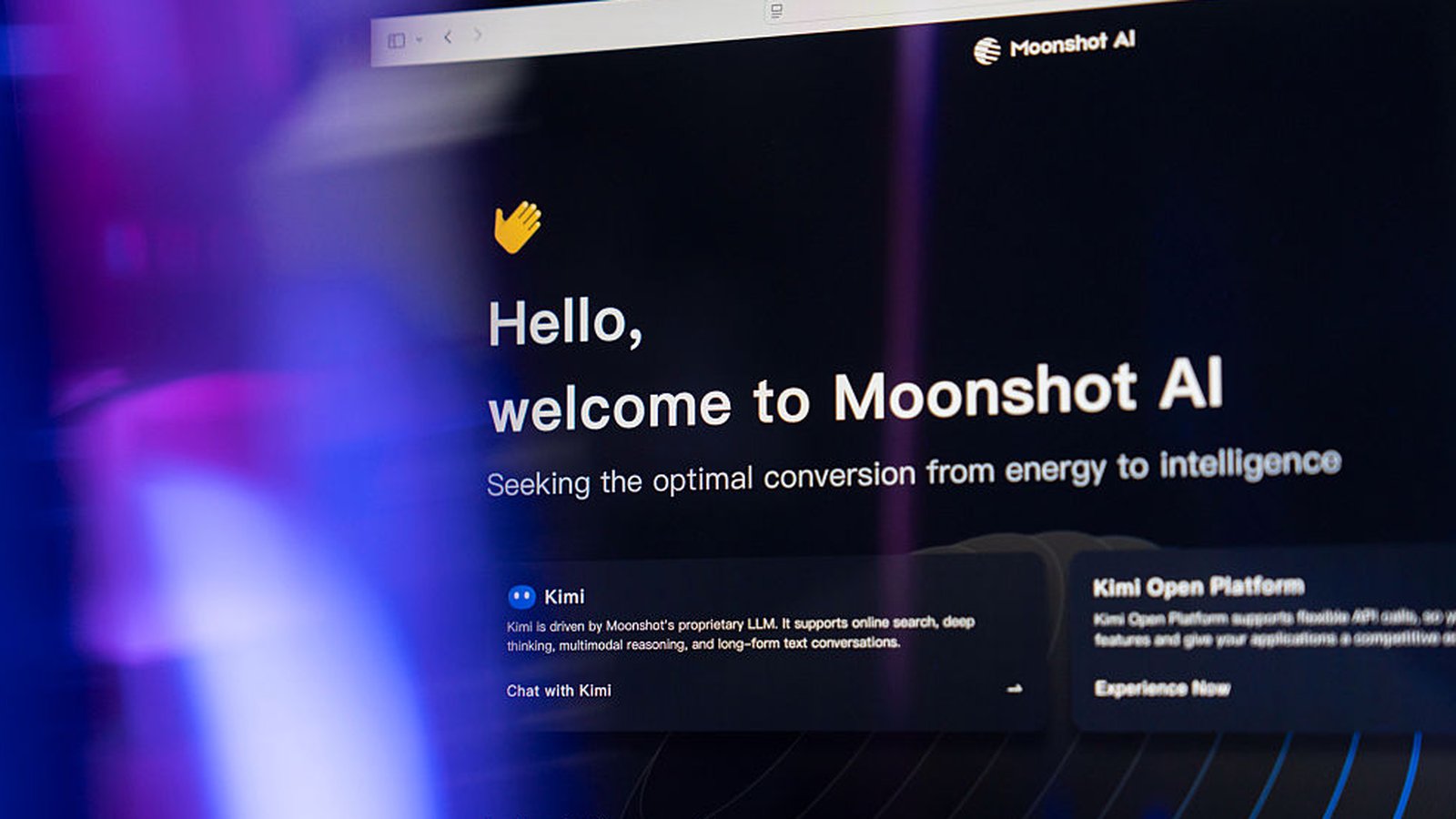 The Moonshot AI website homepage displaying the Kimi AI chat platform interface