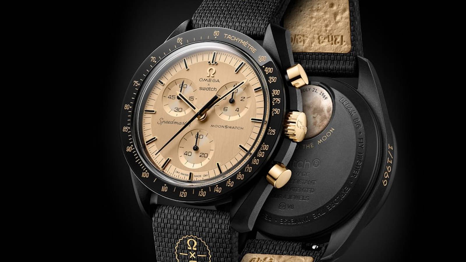 Close up of the Swatch x Omega MoonSwatch Mission to the Moon 1969 watch