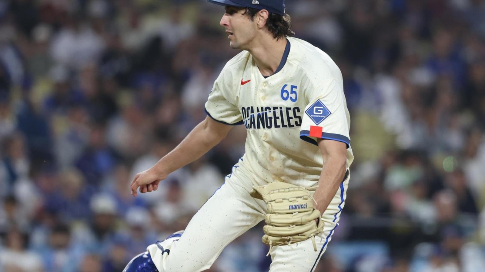 Los Angeles Dodgers pitcher Paul Gervase wearing number 65 on the mound