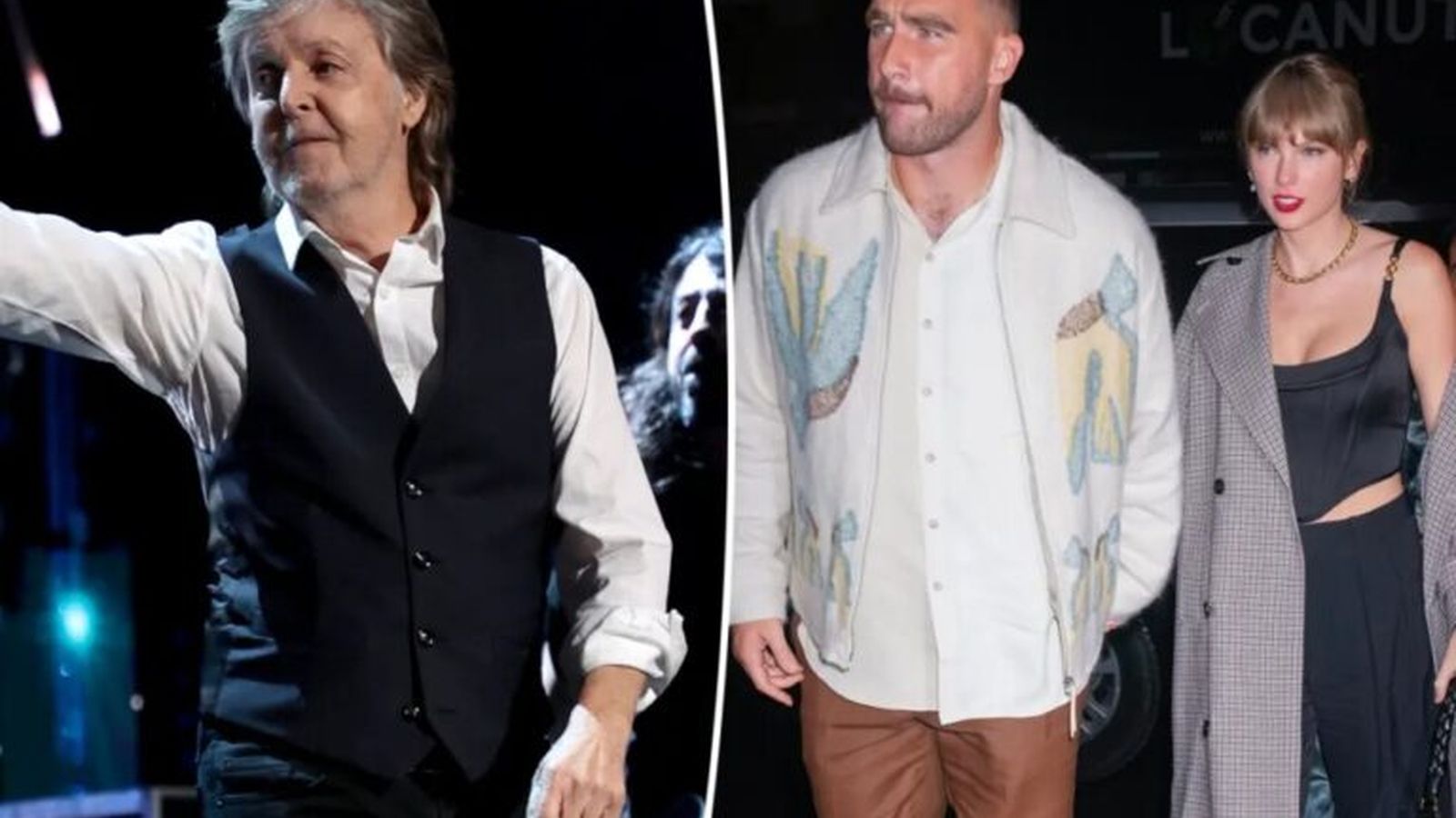 Paul McCartney performing on stage next to Taylor Swift and Travis Kelce standing together