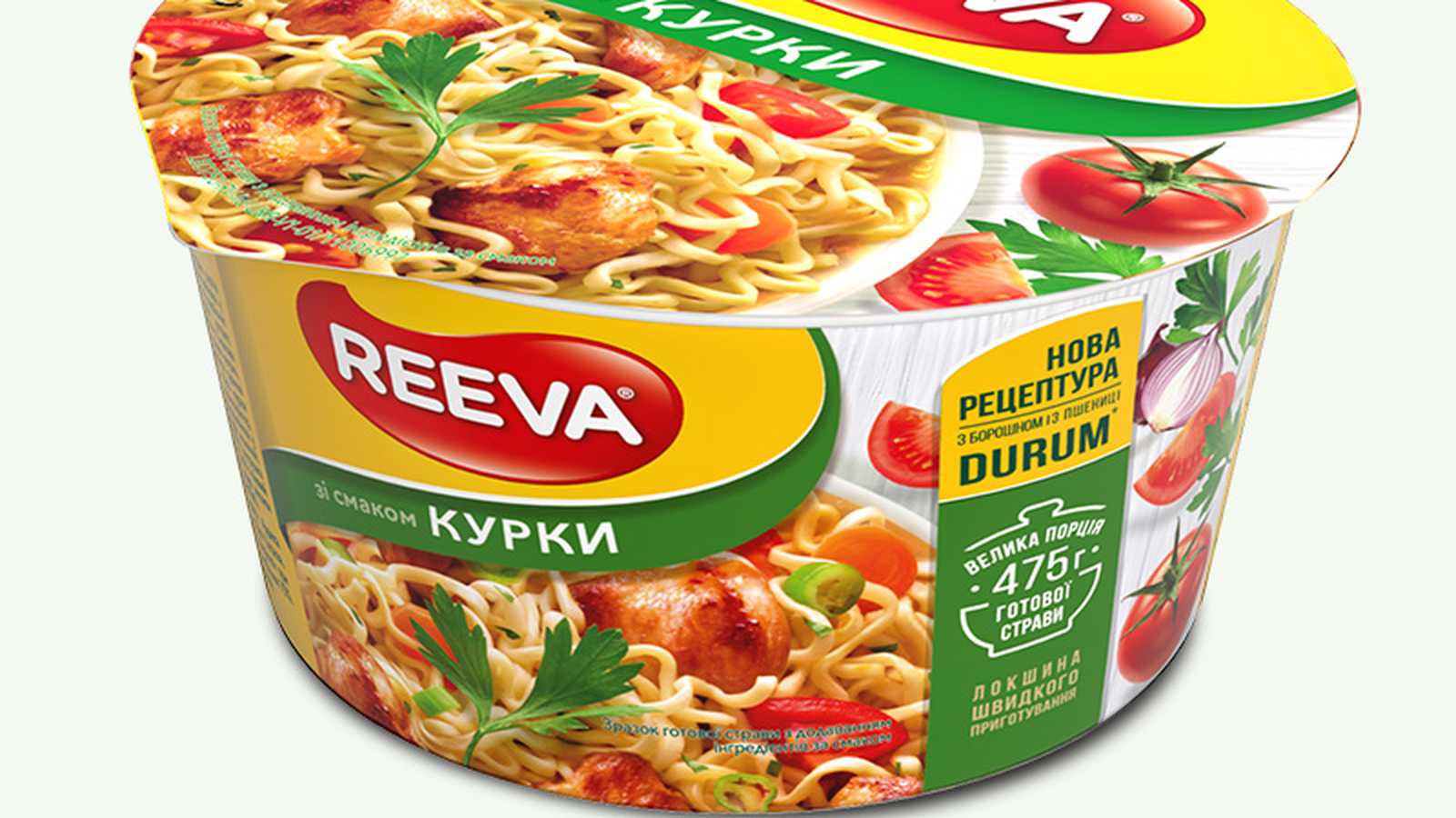 A plastic cup of Reeva instant chicken noodles with branding and serving suggestion imagery
