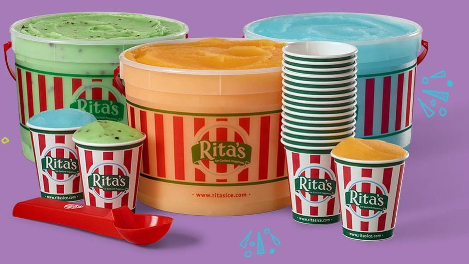 Assorted buckets and cups of colorful Ritas Italian Ice on a purple background