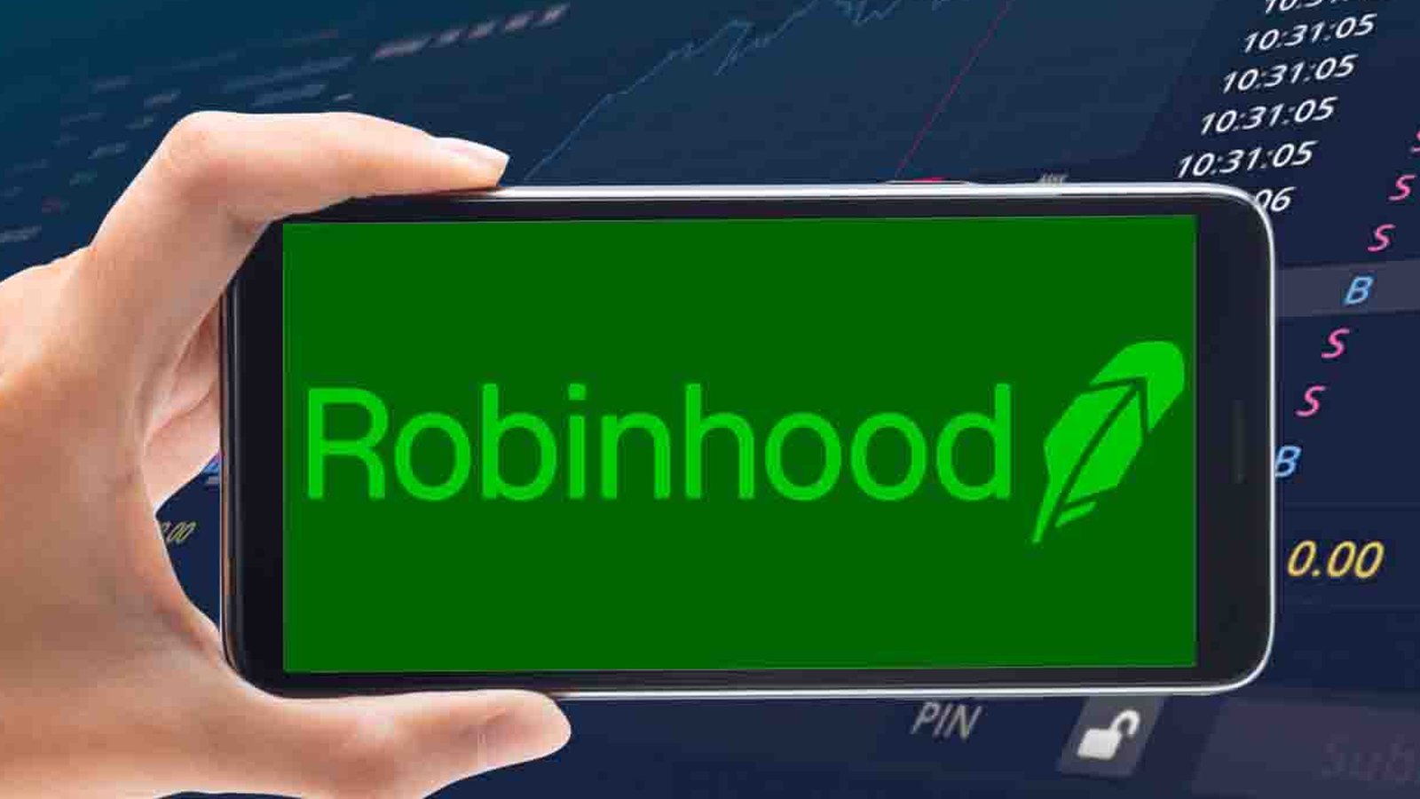 A hand holding a smartphone displaying the Robinhood logo against a digital trading background