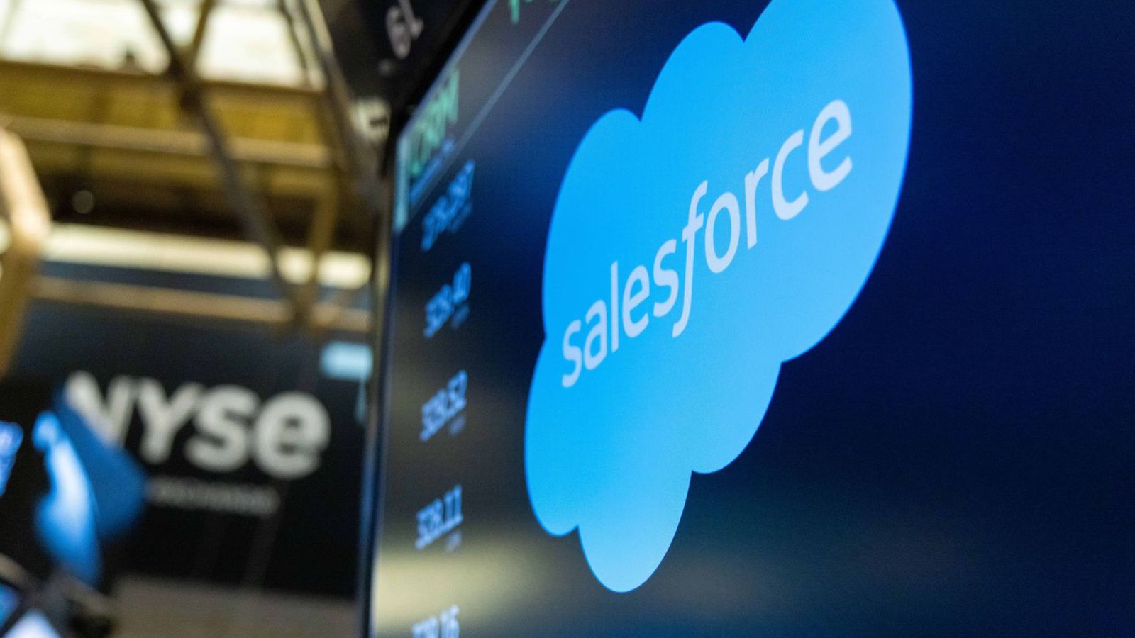 The blue Salesforce cloud logo displayed on a digital stock market screen at NYSE