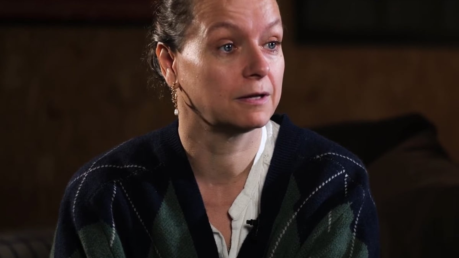 Actress Samantha Morton wearing a green and navy argyle sweater during an interview
