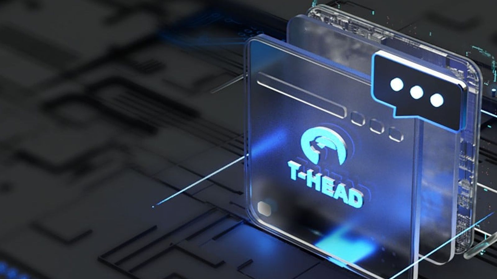 A 3D rendered T-Head logo on a dark futuristic circuit board background