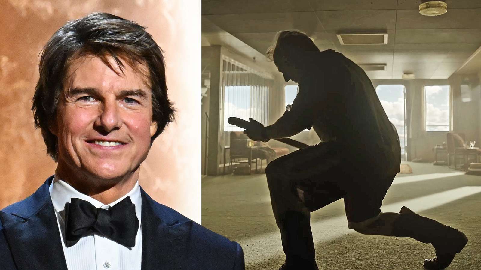 Tom Cruise in a tuxedo next to a silhouette of a man kneeling