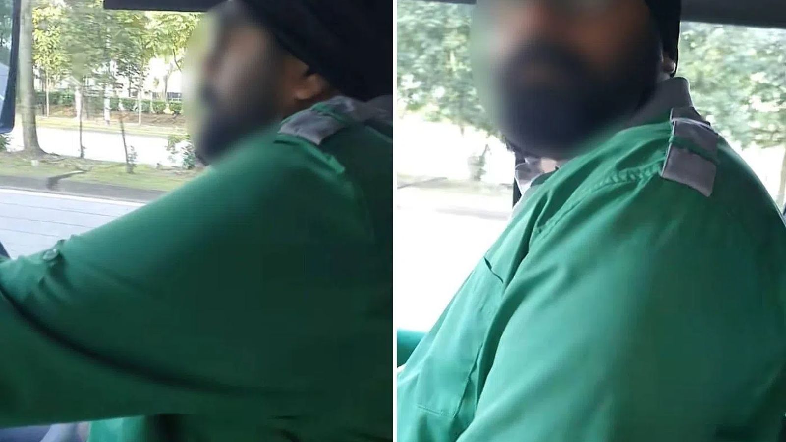 A bus captain in a green uniform driving a bus while being filmed