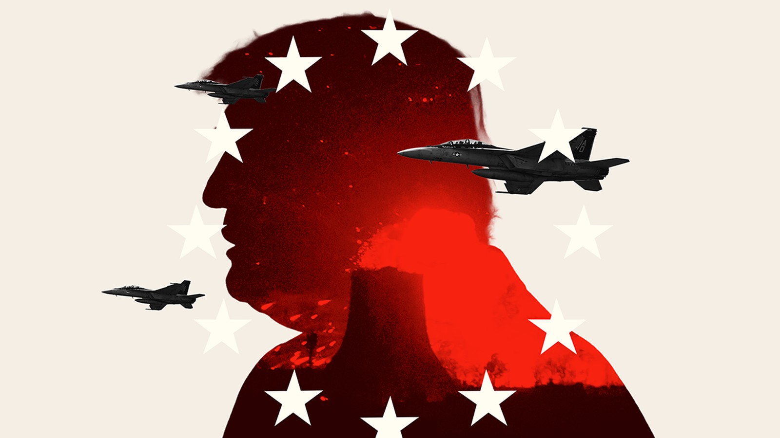 A red silhouette of Donald Trump surrounded by white stars and fighter jets