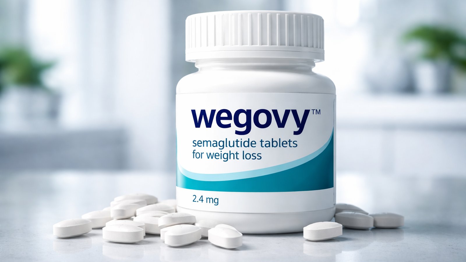 A white bottle of Wegovy semaglutide tablets for weight loss with scattered pills