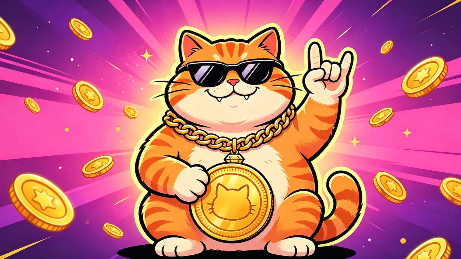 A cartoon orange cat wearing sunglasses and a gold chain holding a coin