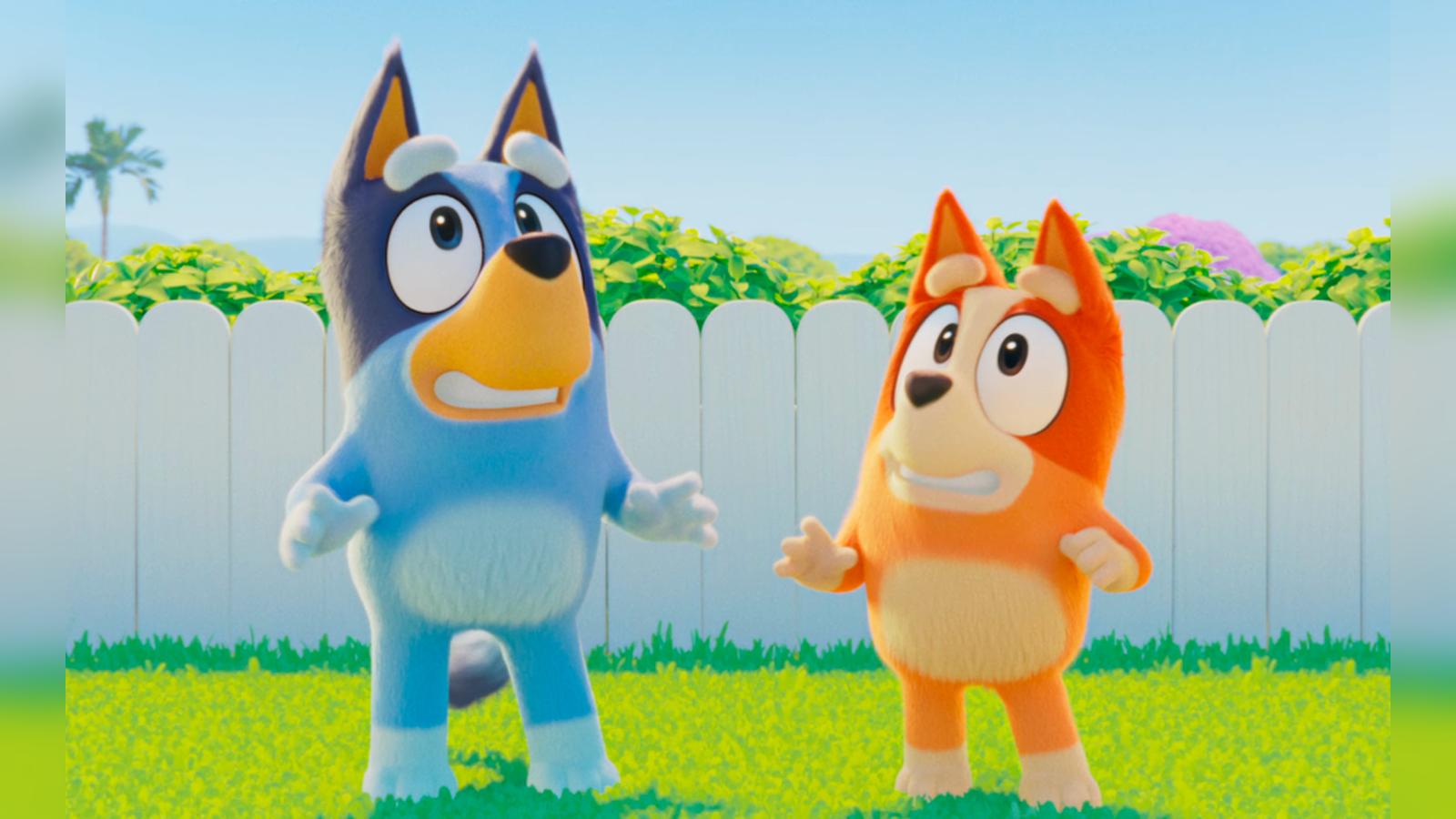 Bluey and Bingo standing in a backyard in the new 3D animation style
