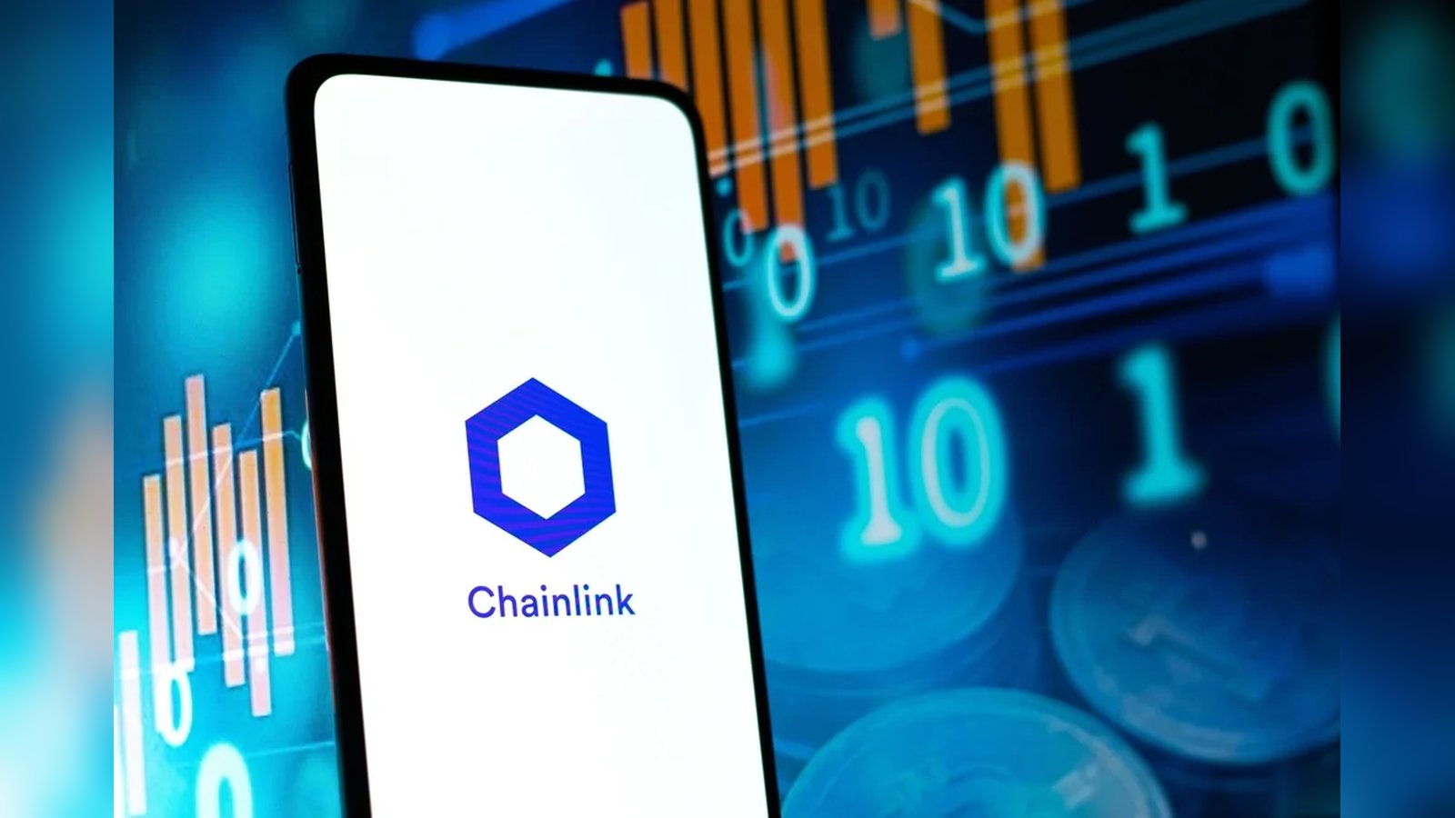 A smartphone screen displaying the blue Chainlink logo against a digital background