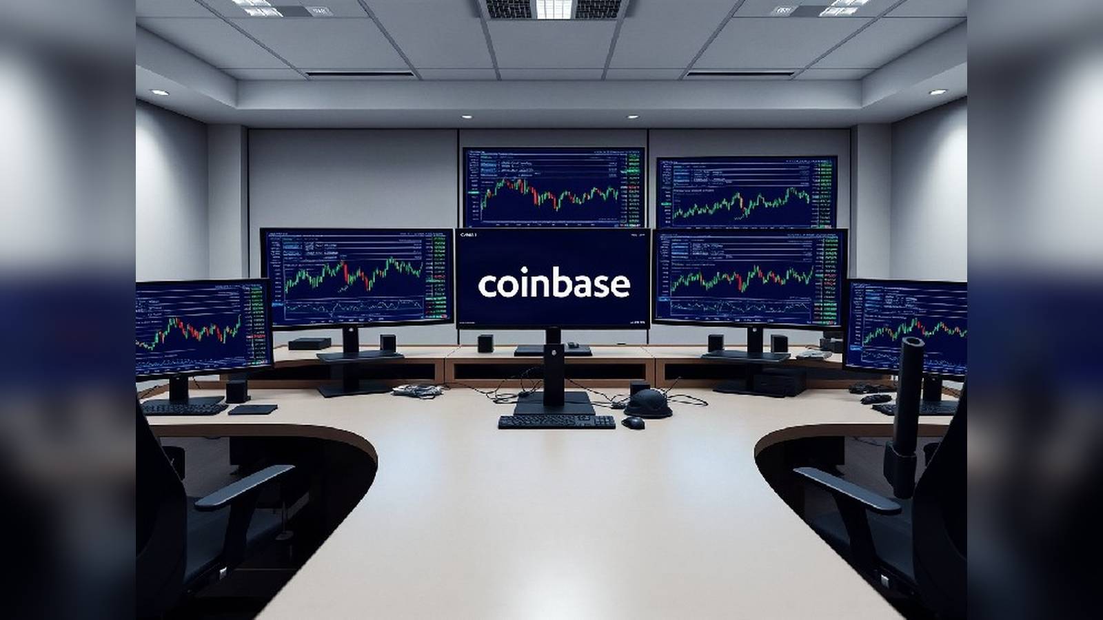 A professional trading desk setup with multiple monitors displaying financial charts and the Coinbas