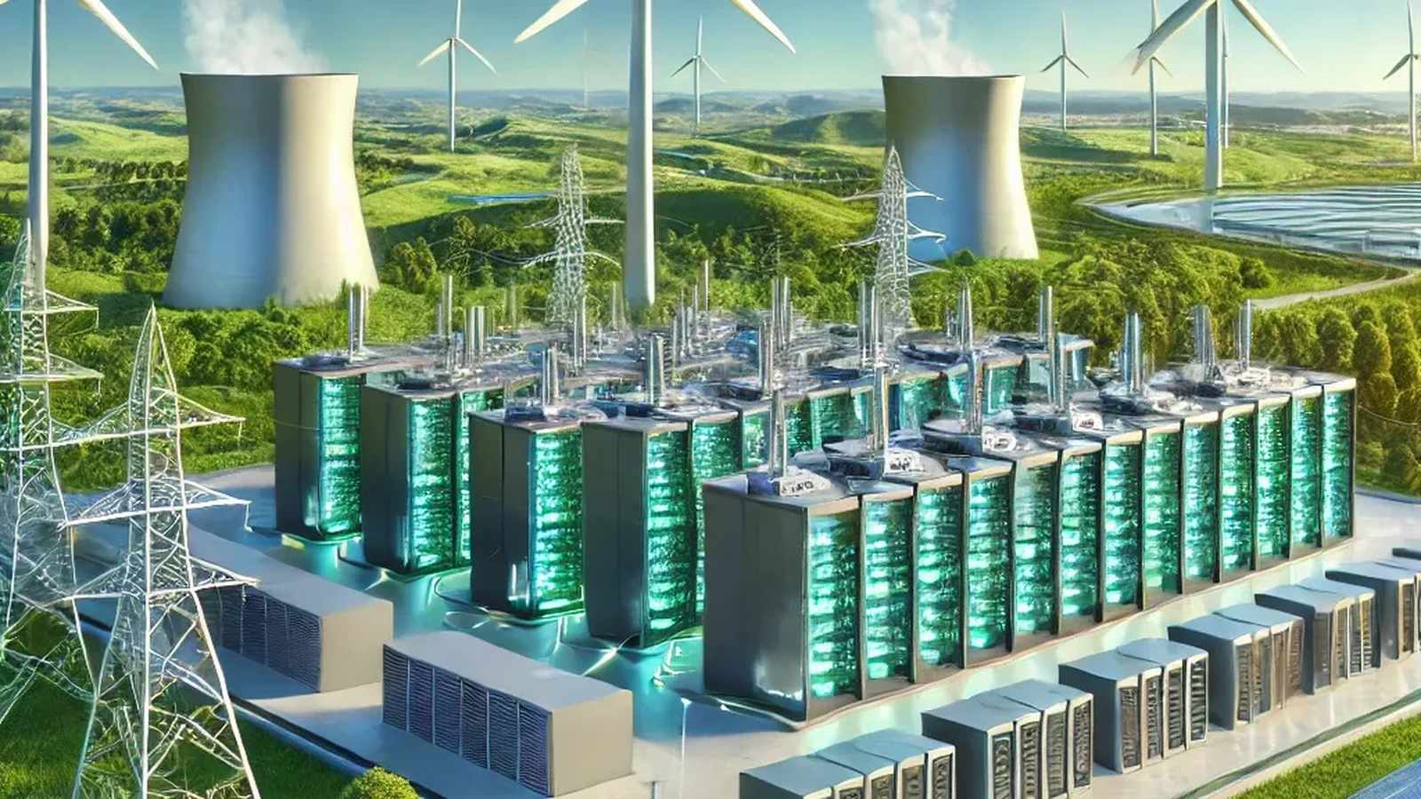 Futuristic data center facility surrounded by wind turbines and nuclear cooling towers in landscape
