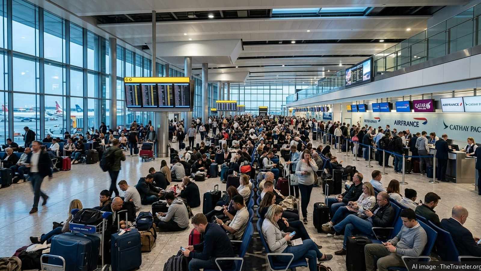 Large crowd of passengers waiting in a busy Heathrow Airport terminal building