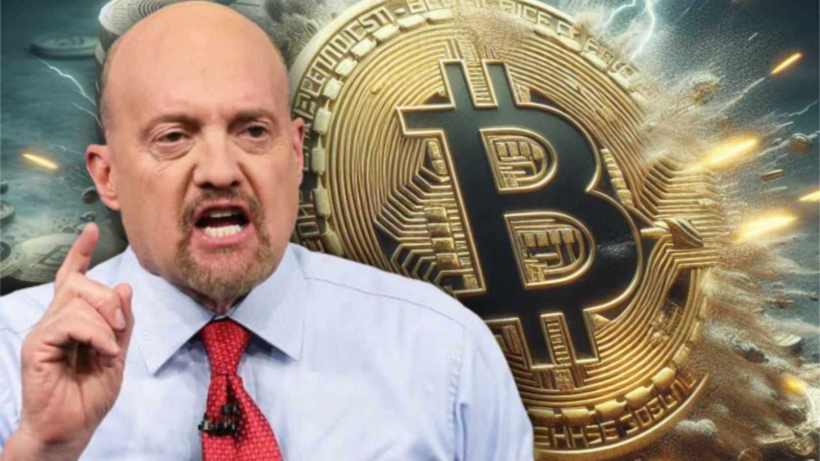 Jim Cramer speaking with a large golden Bitcoin symbol in the background