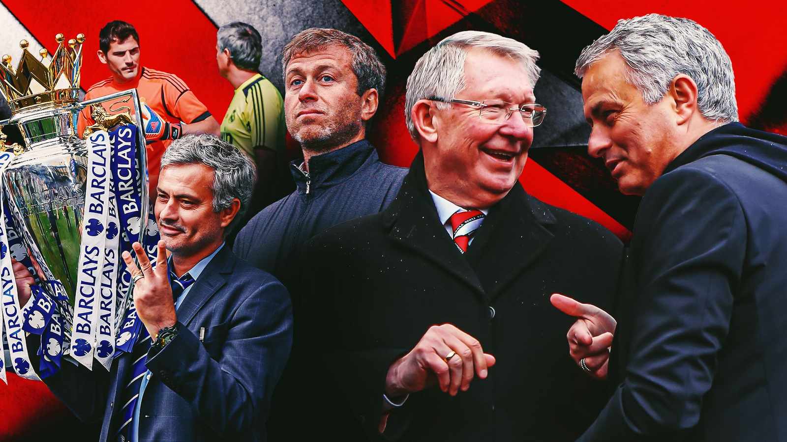 Jose Mourinho with Roman Abramovich and Alex Ferguson during his Premier League career