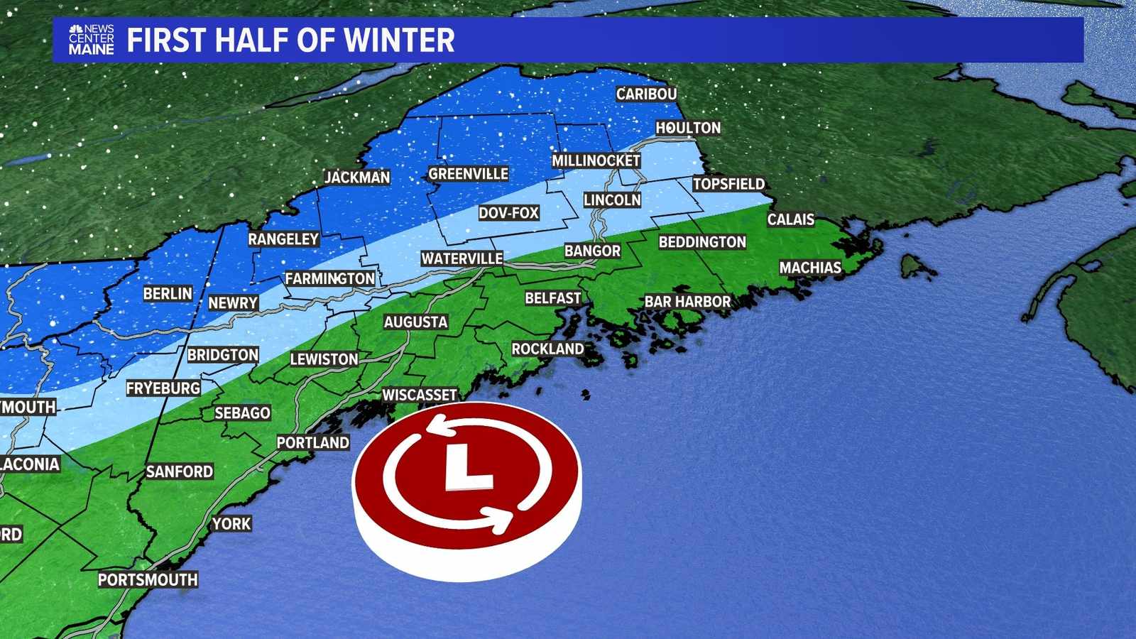 A weather map of Maine showing predicted winter conditions with a low pressure symbol