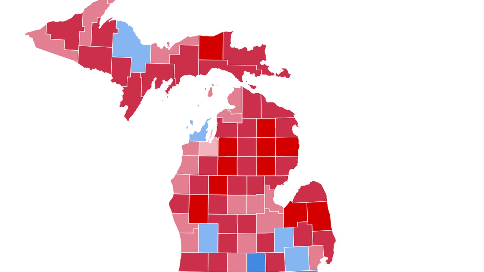 A color-coded map of Michigan counties showing electoral results with red and blue shading
